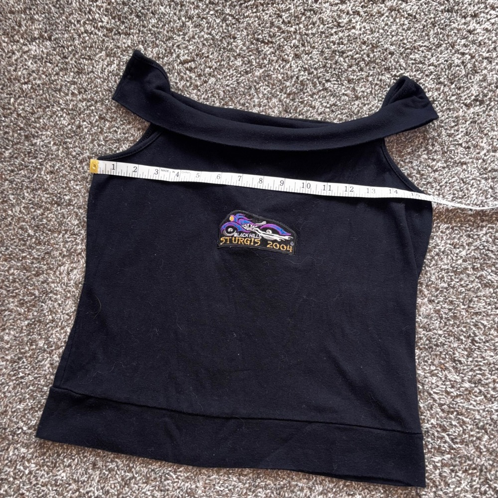 Upcycled Y2K Black Hills Sturgis 2004 Motorcycle Flames Tank Top Off Shoulder L - Picture 3 of 7